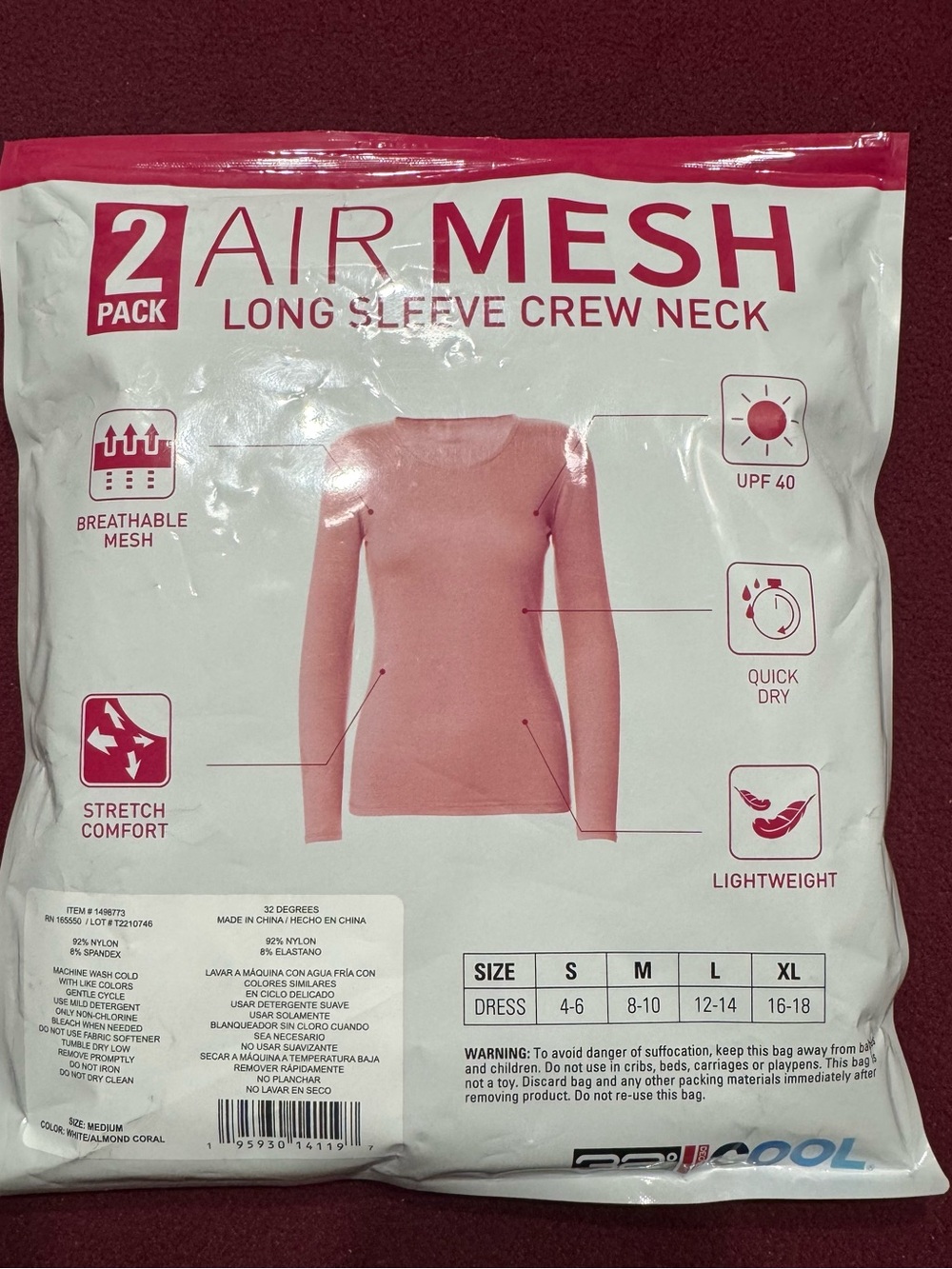 32 Degrees Cool Women’s Air Mesh Long Sleeve Crew Neck White and Pink Size M - Picture 3 of 4